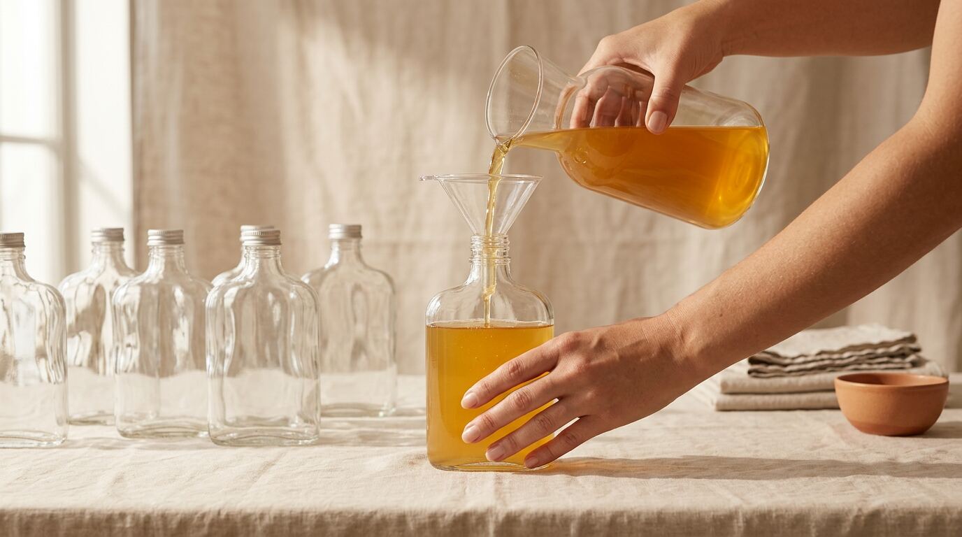 Hands pouring fermented kombucha into an amber bottle on a linen table