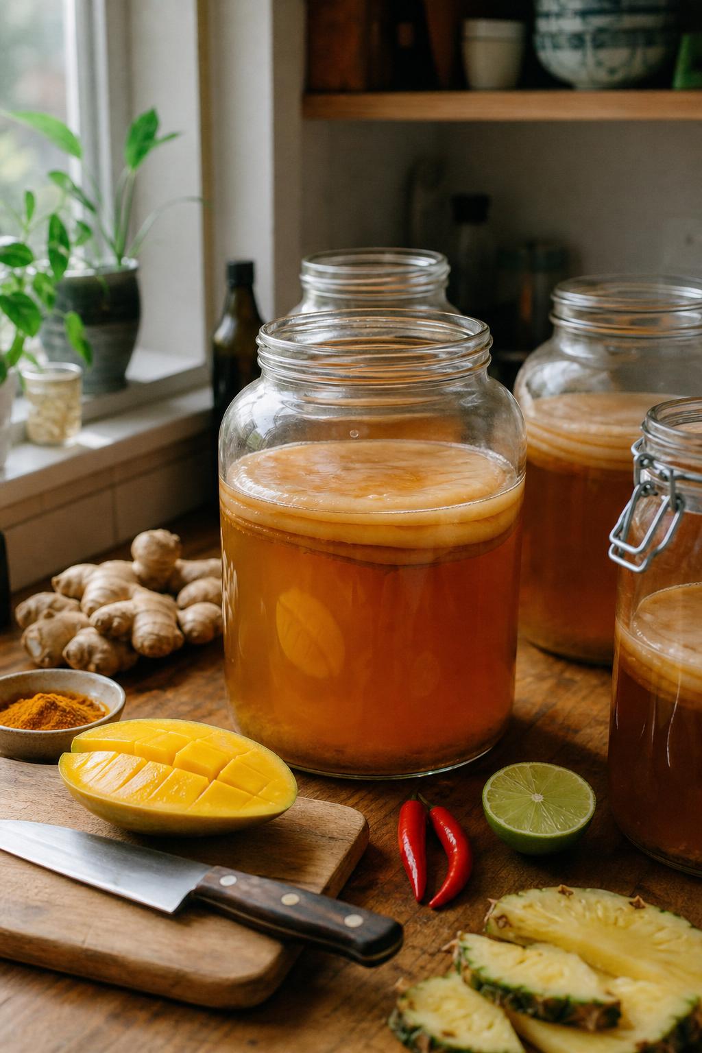 Glass jars of Ferova fermenting with mango, pineapple, passionfruit, chili, turmeric, ginger and lime
