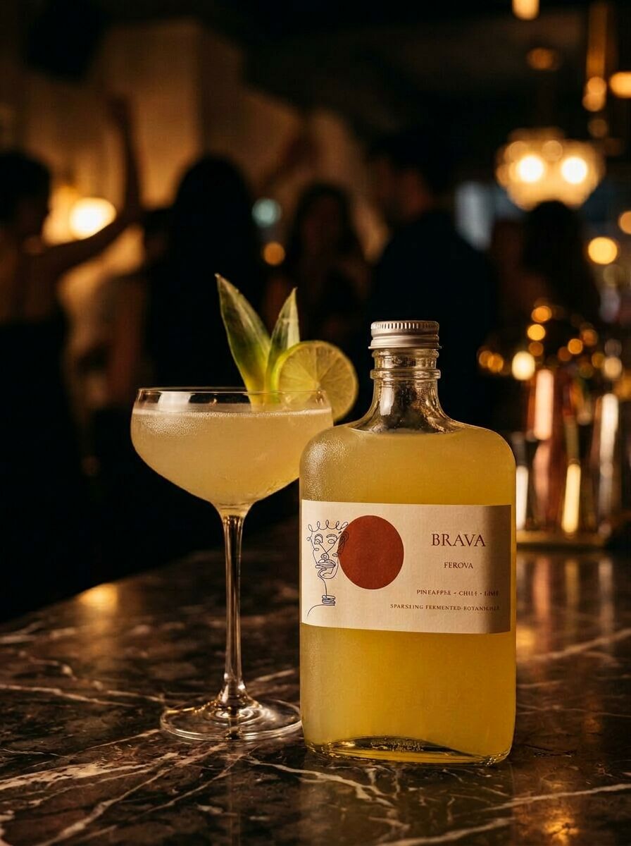 Ferova kombucha being poured into a cocktail glass in a dimly lit bar.