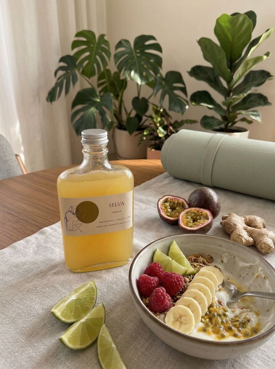 Unlabeled amber bottle of Ferova kombucha beside fresh fruit in soft morning light.